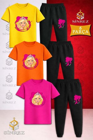 Çocuk PRENSES KAFA PEMBE TUVAL Baskılı 3Lü Tişort Eşofman Takımı