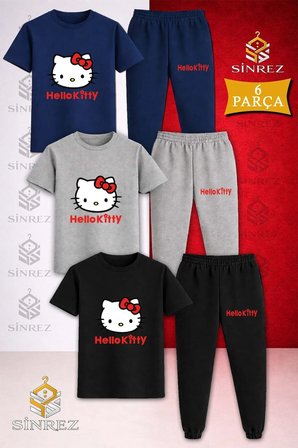 Çocuk HELLO KITTY KIRMIZI YAZILI Baskılı 3Lü Tişort Eşofman Takımı