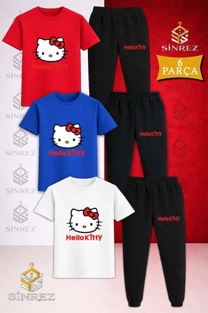 Çocuk HELLO KITTY KIRMIZI YAZILI Baskılı 3Lü Tişort Eşofman Takımı