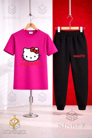 Çocuk HELLO KITTY KIRMIZI YAZILI Baskılı 3Lü Tişort Eşofman Takımı