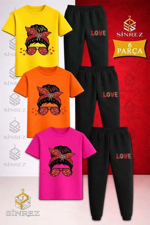 Çocuk GOZLUKLU GRIL KIRMIZI LEOPAR DESEN Baskılı 3Lü Tişort Eşofman Takımı