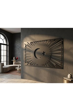 Ay ve Yıldız Silüeti Tasarımlı Türkiye Haritası Temalı Dekoratif Modern Metal Duvar Tablosu