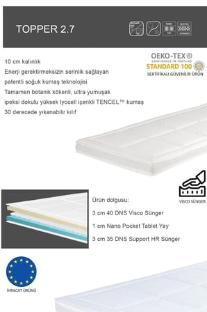 Topper 2.7 - Serinletici Soğuk & Tencel Kılıflı Nano Paket Yaylı Visco Yatak Pedi - Yıkanabilir