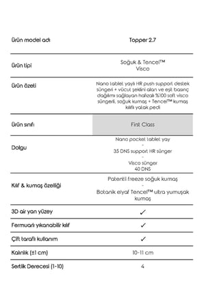 Topper 2.7 - Serinletici Soğuk & Tencel Kılıflı Nano Paket Yaylı Visco Yatak Pedi - Yıkanabilir