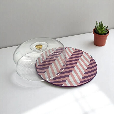 Seramik Desenli Yuvarlak 2 Parça Fanus Seti 31cm Pembe