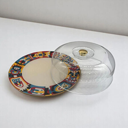 Seramik Desenli Yuvarlak 2 Parça Fanus Set
