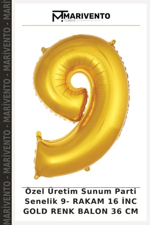 Özel Üretim Sunum Parti Senelik 9- RAKAM 16 İNC GOLD RENK BALON 36 CM