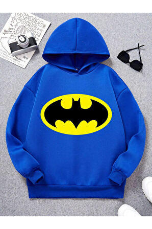 Pamuklu Erkek Çocuk Kapüşonlu Sweatshirt İki İplik Şardonlu Batman Logo Baskılı