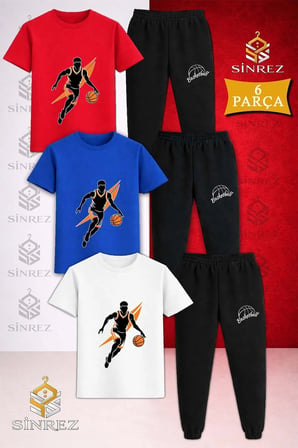 Çocuk BASKETBOLCU TOP TURUNCU SIYAH Baskılı 3Lü Tişort Eşofman Takımı
