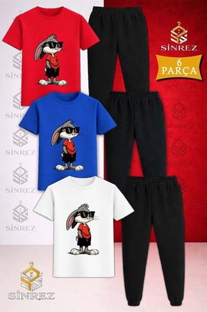 Çocuk GOZLUKLU TAVSAN BUNNY Baskılı 3Lü Tişort Eşofman Takımı