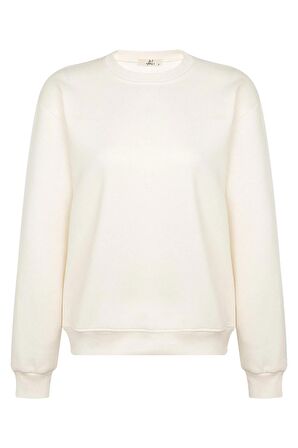Regular Ekru %100 Pamuklu Yumuşak Basic Unisex Bisiklet Yaka Kalın Düz Baskısız Sweatshirt