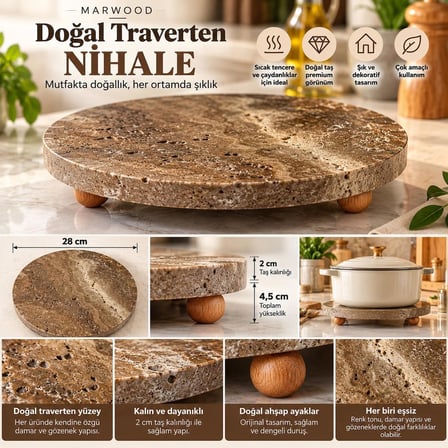 MarWood Doğal Traverten Nihale – Ahşap Ayaklı Yuvarlak Tencere Altlığı, Dekoratif Sunum Standı