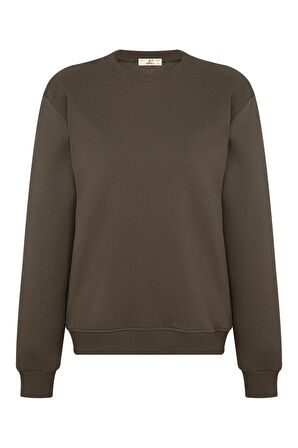 Regular Haki %100 Pamuklu Yumuşak Basic Unisex Bisiklet Yaka Kalın Düz Baskısız Sweatshirt