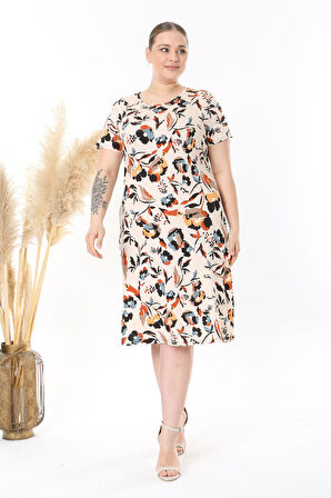 Kadın Bej Pastel Çiçek Desen Midi Elbise