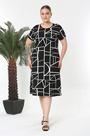 Kadın Siyah Beyaz Geometrik Çizgi Desen Midi Elbise