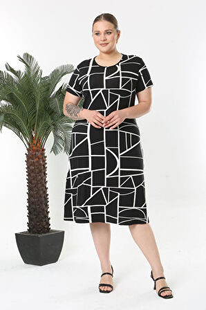Kadın Siyah Beyaz Geometrik Çizgi Desen Midi Elbise