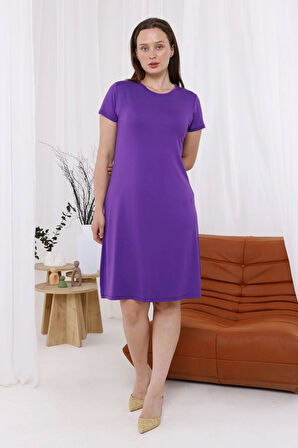 Kadın Mor Büyük Beden Esnek Midi Elbise