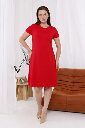 Kadın Kırmızı Büyük Beden Esnek Midi Elbise