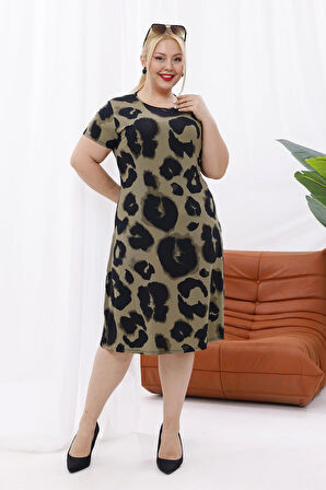 Kadın Haki Leopar Desen Midi Elbise