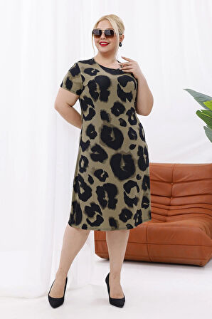 Kadın Haki Leopar Desen Midi Elbise