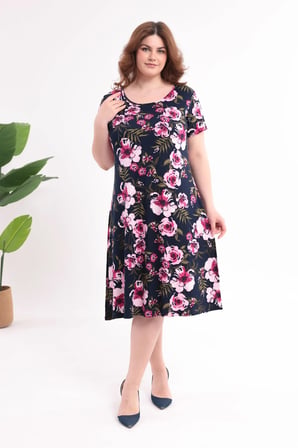 Kadın Lacivert Pembe Floral Desen Büyük Beden Esnek Midi Elbise