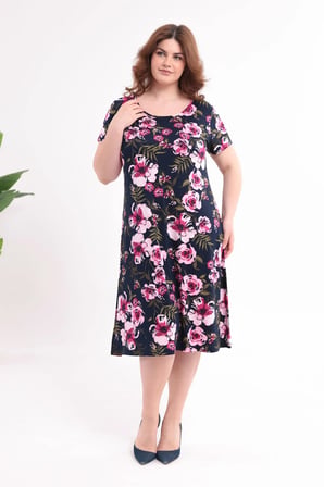 Kadın Lacivert Pembe Floral Desen Büyük Beden Esnek Midi Elbise