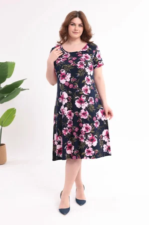 Kadın Lacivert Pembe Floral Desen Büyük Beden Esnek Midi Elbise