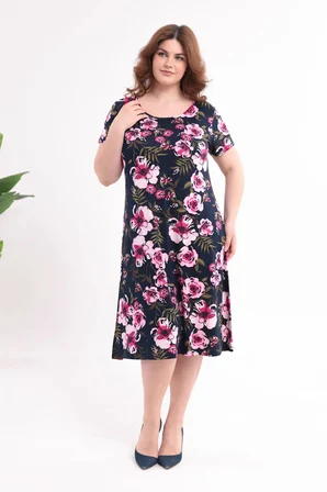 Kadın Lacivert Pembe Floral Desen Büyük Beden Esnek Midi Elbise
