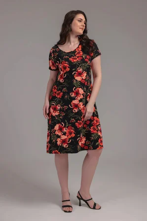 Kadın Siyah Turuncu Floral Desen Büyük Beden Esnek Midi Elbise