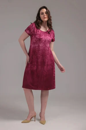 Kadın Bordo Batik Boyama Büyük Beden Esnek Midi Elbise