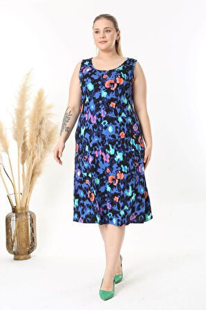 Kadın Mavi Pembe Tiger Desenli Askılı Büyük Beden Elbise