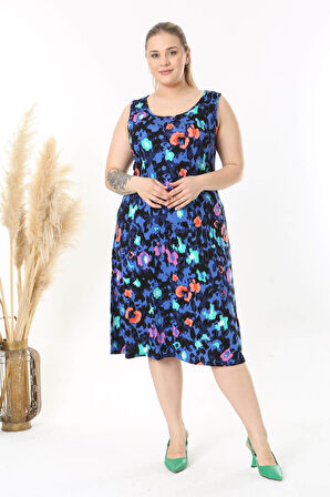 Kadın Mavi Pembe Tiger Desenli Askılı Büyük Beden Elbise