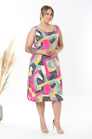 Kadın Pembe Gri Geometrik Desen Askılı Büyük Beden Elbise