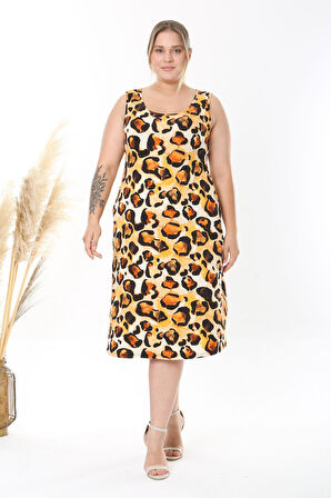 Kadın Turuncu Siyah Tiger Desen Askılı Büyük Beden Elbise
