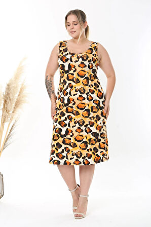 Kadın Turuncu Siyah Tiger Desen Askılı Büyük Beden Elbise