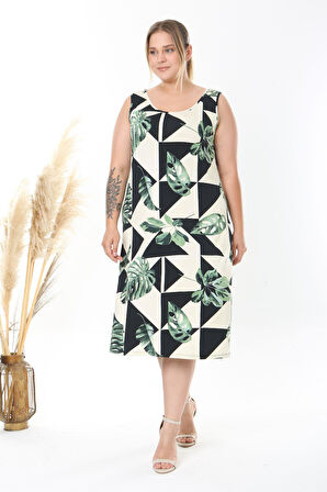 Kadın Yeşil Monstera Desen Askılı Büyük Beden Elbise