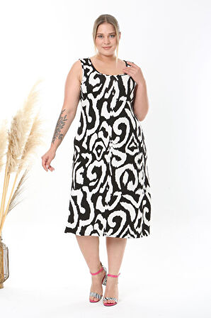 Kadın Siyah Beyaz Tiger Desen Askılı Büyük Beden Elbise