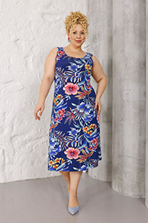 Kadın Lacivert Pembe Tropikal Desen Askılı Büyük Beden Elbise