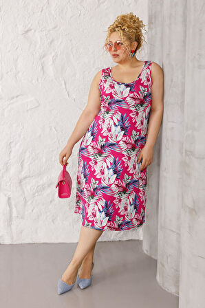 Kadın Pembe Beyaz Floral Desen Askılı Büyük Beden Elbise