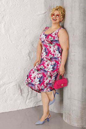 Kadın Pembe Beyaz Floral Desen Askılı Büyük Beden Elbise