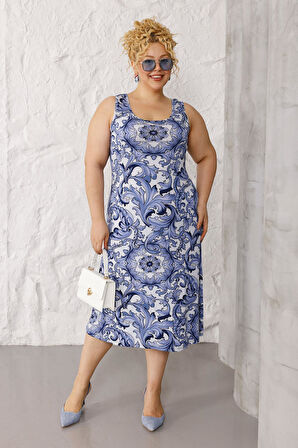 Kadın Mavi Şal Desen Askılı Büyük Beden Elbise