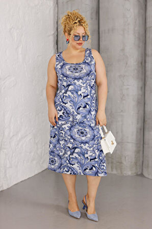 Kadın Mavi Şal Desen Askılı Büyük Beden Elbise