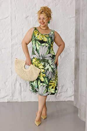 Kadın Yeşil Beyaz Tropikal Desen Askılı Büyük Beden Elbise