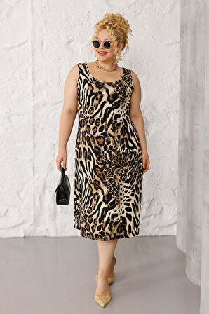 Kadın Kahve Siyah Leopar Desen Askılı Büyük Beden Elbise