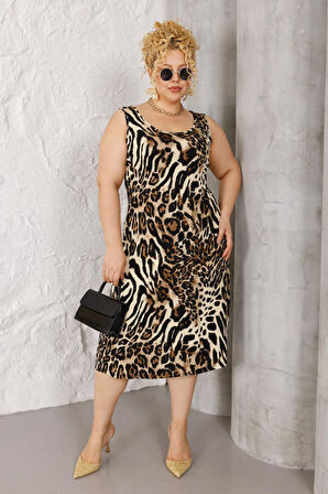 Kadın Kahve Siyah Leopar Desen Askılı Büyük Beden Elbise