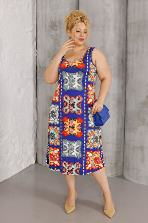 Kadın Lacivert Etnik Desen Askılı Büyük Beden Elbise