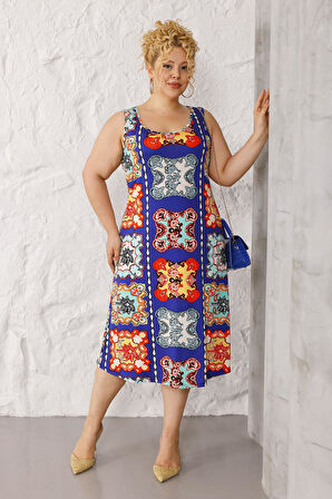 Kadın Lacivert Etnik Desen Askılı Büyük Beden Elbise