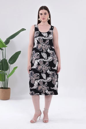 Kadın Siyah Bej Floral Desen Askılı Büyük Beden Elbise