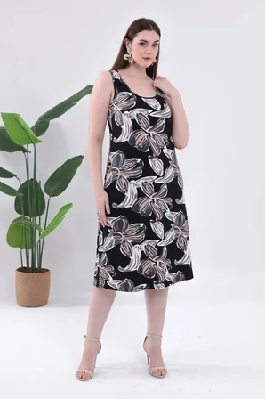 Kadın Siyah Bej Floral Desen Askılı Büyük Beden Elbise