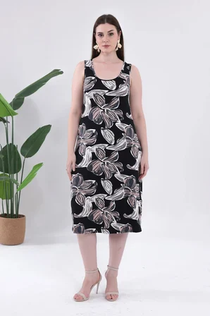 Kadın Siyah Bej Floral Desen Askılı Büyük Beden Elbise